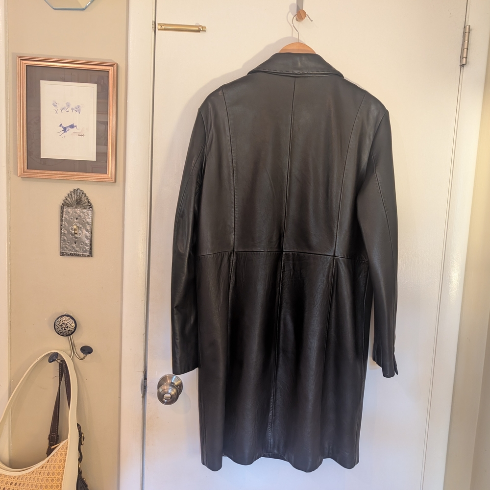 90s Black Leather Coat Midi Coat - Picture 6 of 12